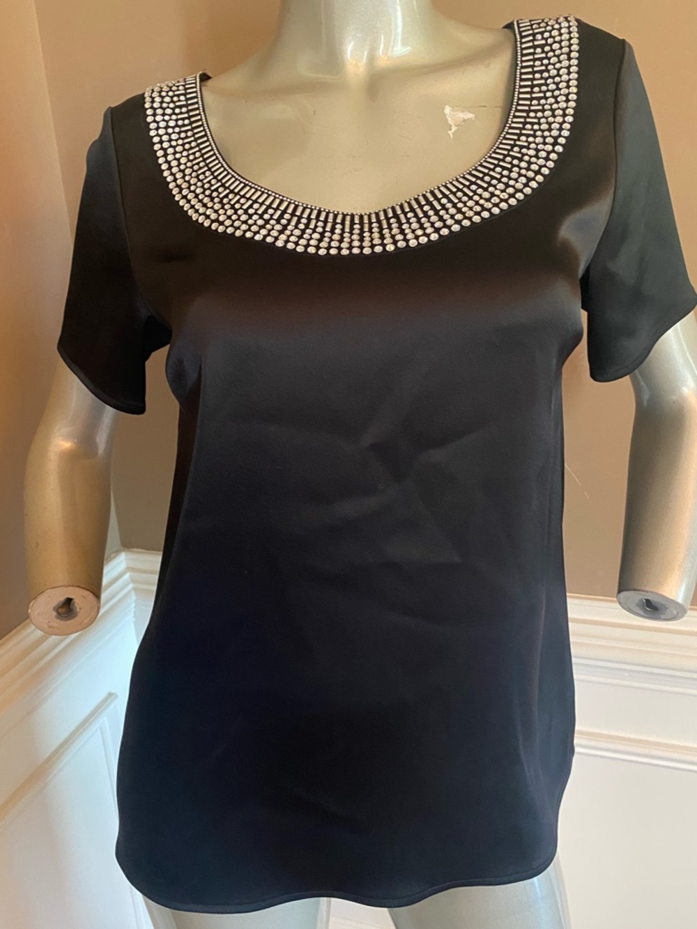 St. John Black Scoop Neck Embellished satin Blouse size S